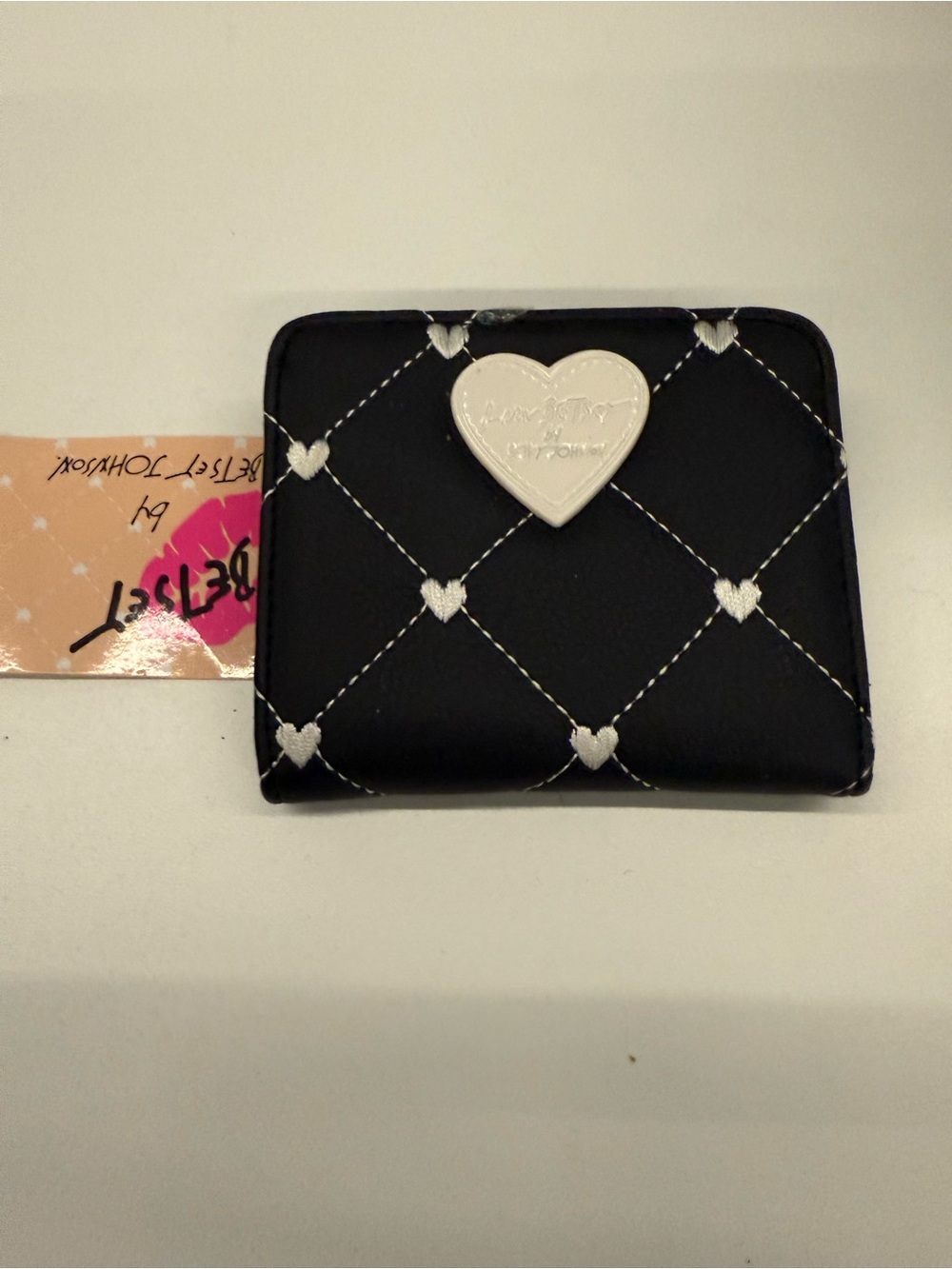Betsey Johnson Black Quilted Heart Compact Wallet with Silver Accent